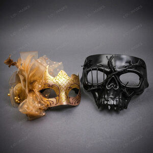 Venetian Skull Feather Masquerade Halloween Party mask Gold Black